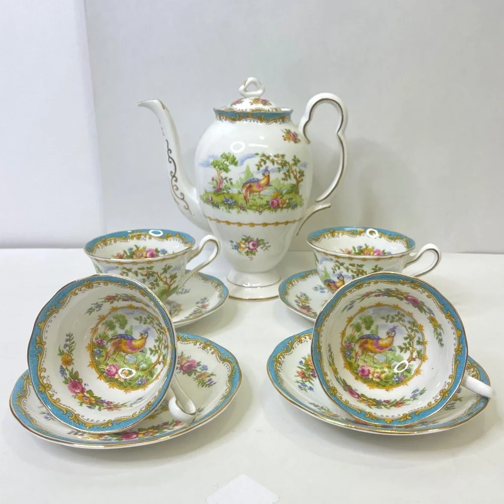 Royal Albert Chelsea Bird Coffee Set Pot 4 Demitasse Cups Saucers Bone China